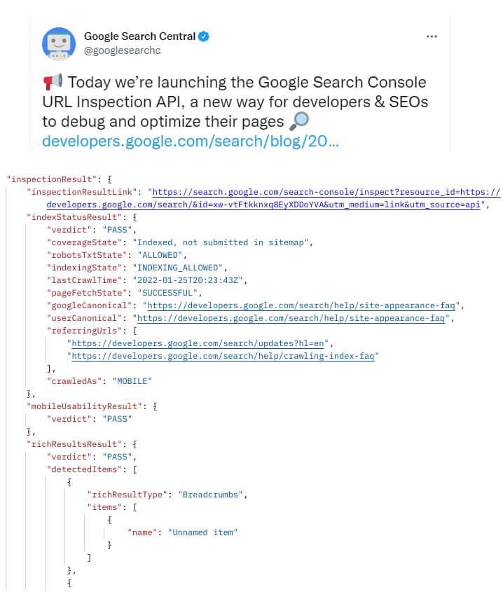 api de inspeccion de url de google search console