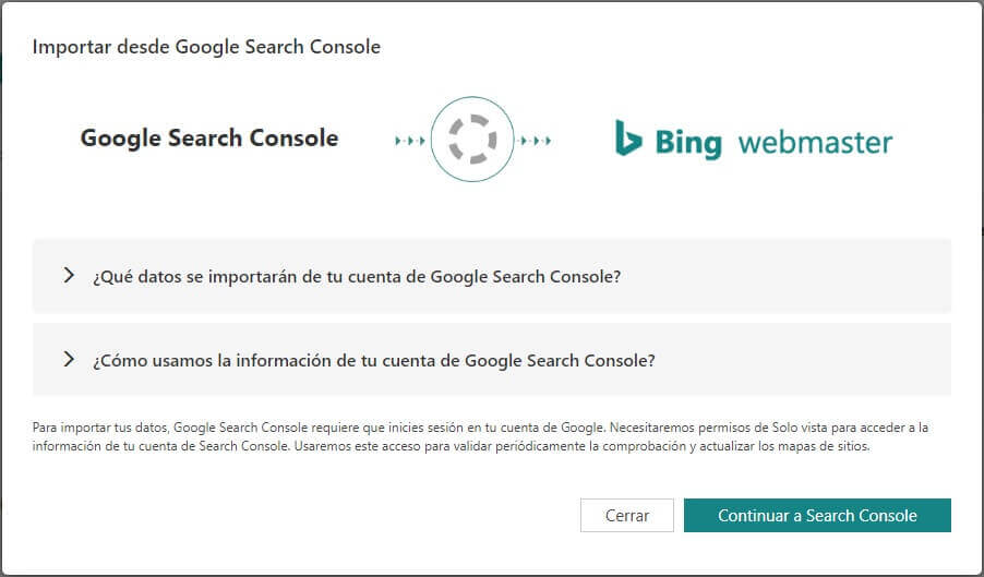 tutorial google search console importar a bing webmasters tools continuar