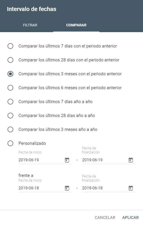 tutorial search console selector de filtros fechas comparar