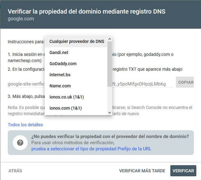 tutorial search console verificar propiedad dominio auto dns