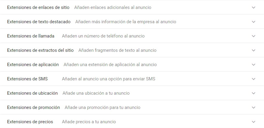 extensiones campaña google adwords