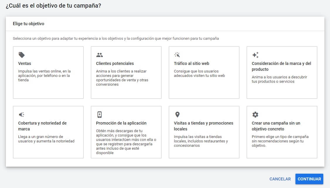objetivo campana google ads
