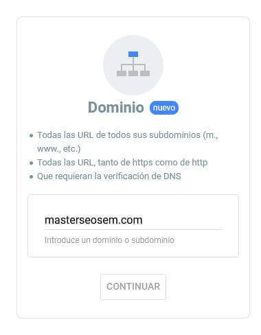 tutorial search console selecciona tipo propiedad dominio