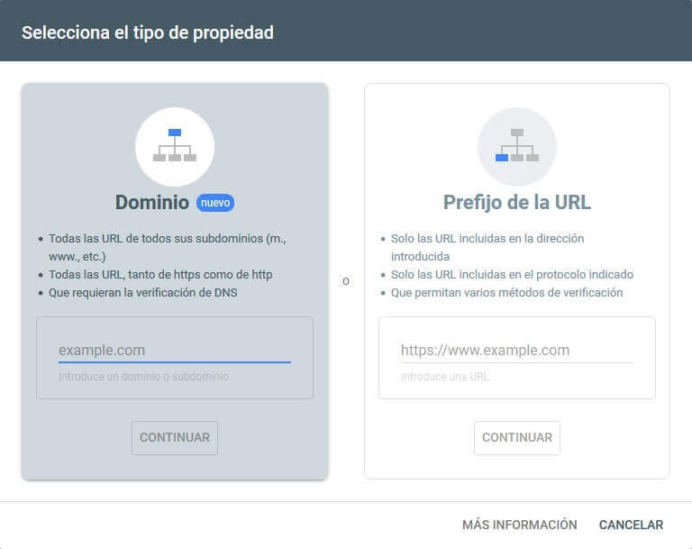 tutorial search console selecciona tipo propiedad