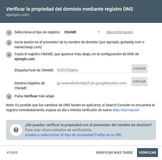 tutorial search console verificar propiedad dominio con registro CNAME